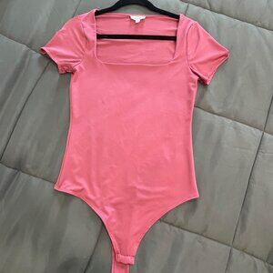 Live in the Moment Pink Square Neck Bodysuit Y2K Fitted Stretch Top - MEDIUM